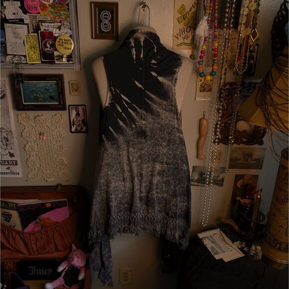 Vintage Acid Stone Wash Fringe Vest Women's Small Dark Gray Long Asymmetrical - Picture 2 of 5